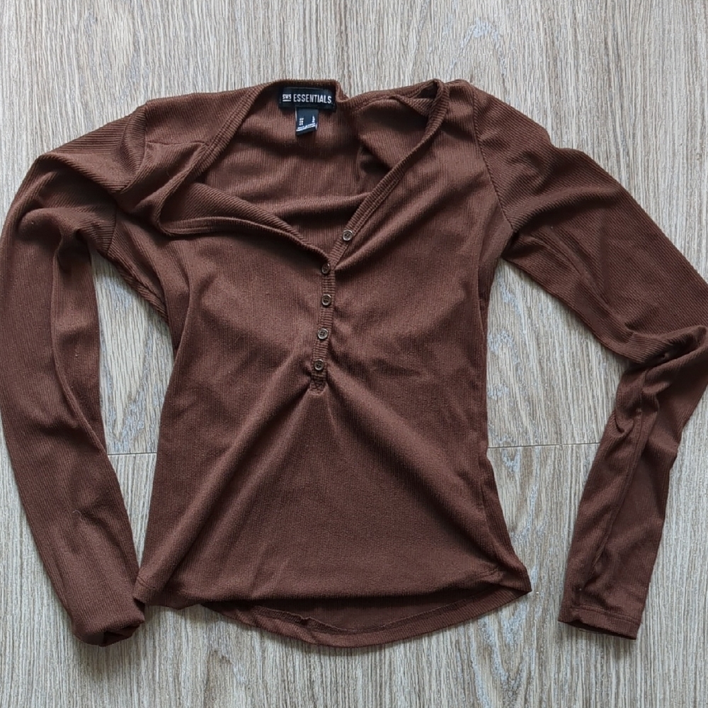 Size L Fitted Brown Ribbed Long Sleeve Button Shirt Brown Size Large